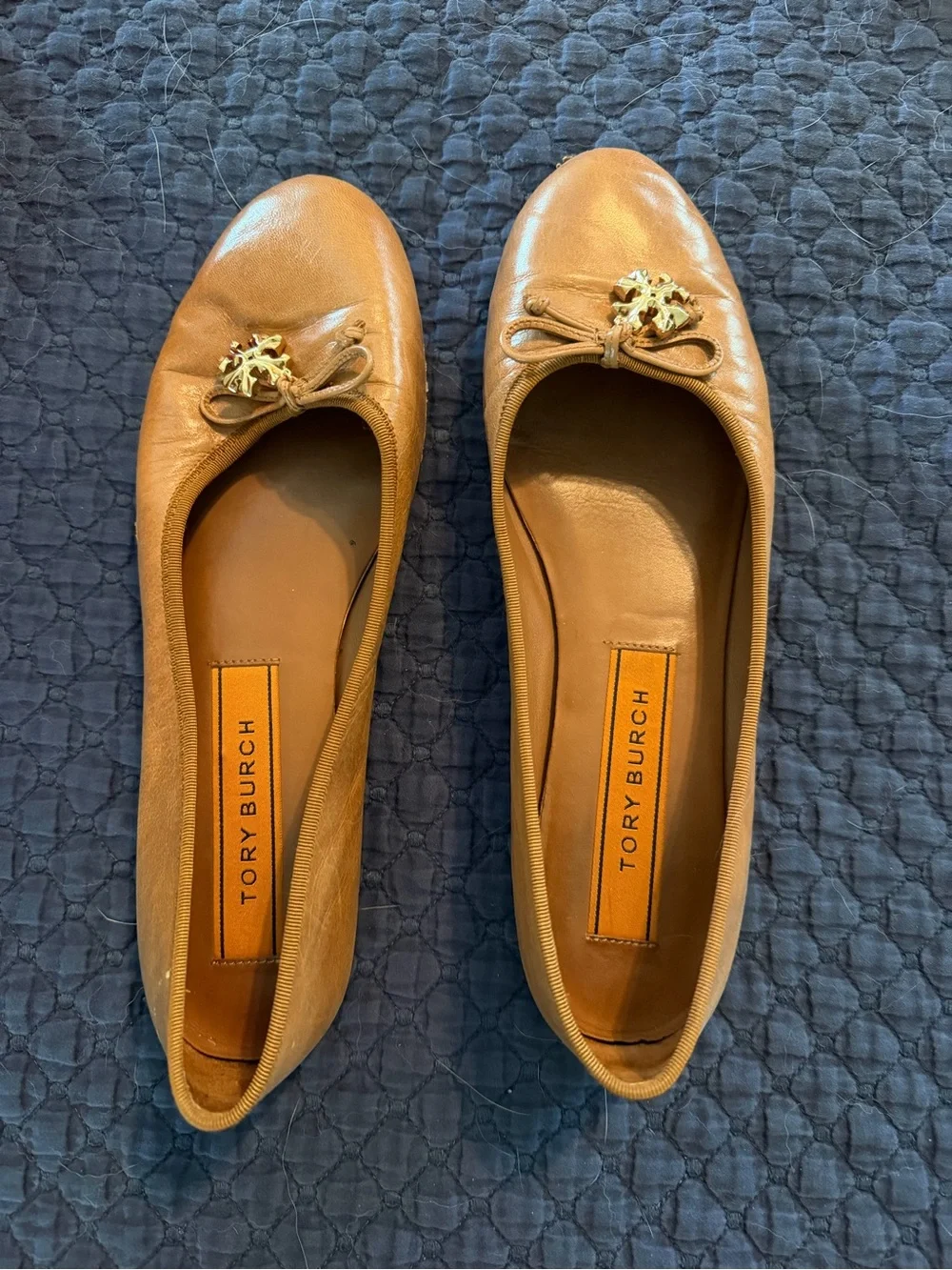 Tory Burch Cognac Leather Ballet Flats with Gold Logo